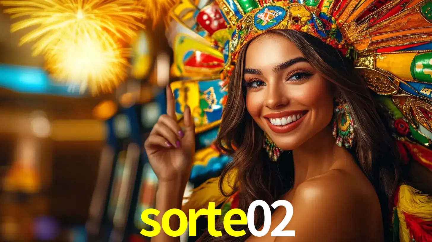 Mulher sorridente com um cocar de carnaval vibrante e colorido, celebrando uma grande vitória nos jogos do cassino sorte02 com fogos de artifício ao fundo.