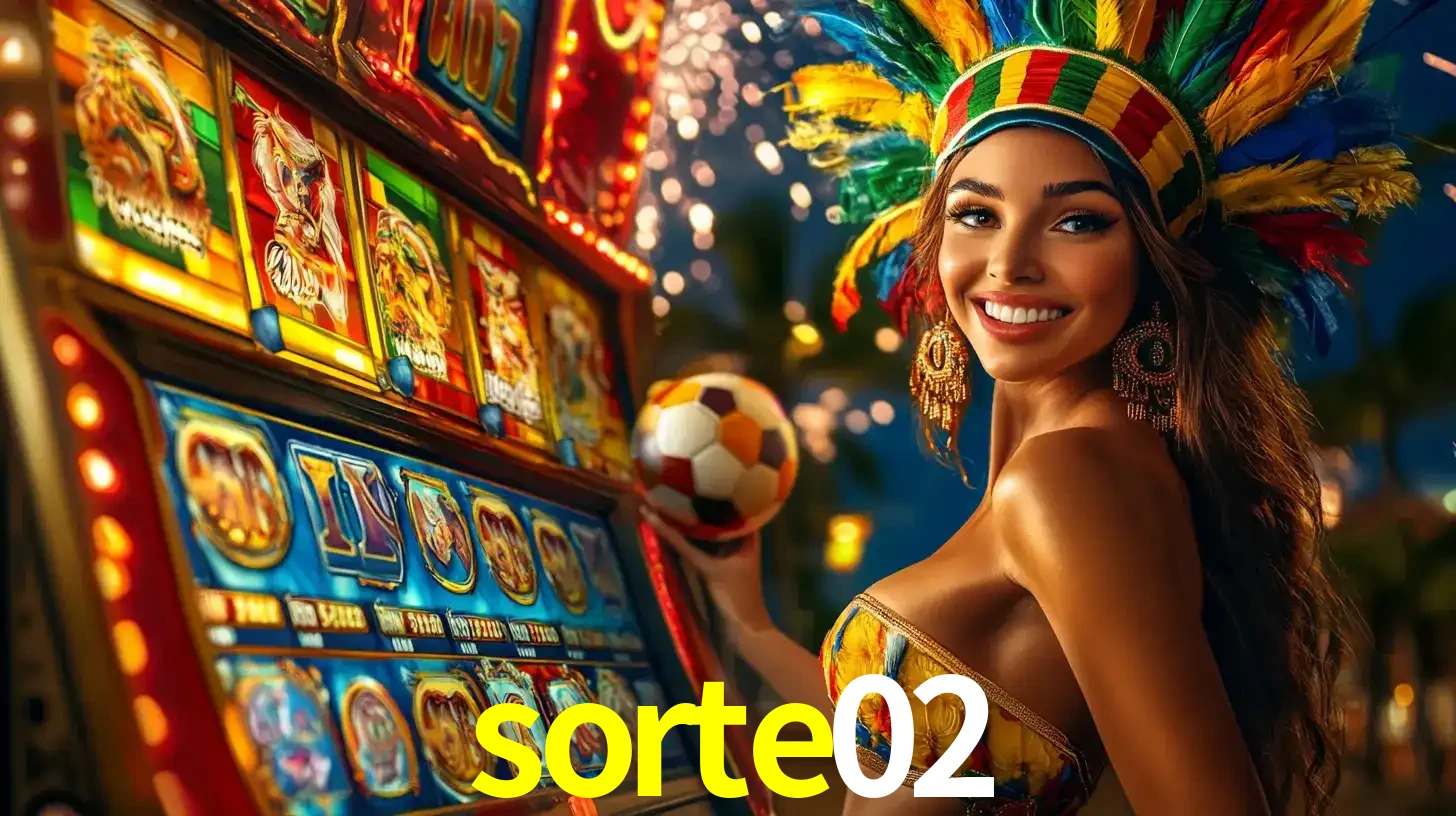 Mulher com um cocar de carnaval ao lado de uma máquina de caça-níqueis enquanto segura uma bola de futebol, mostrando a união da diversão de cassino e esportes no sorte02.