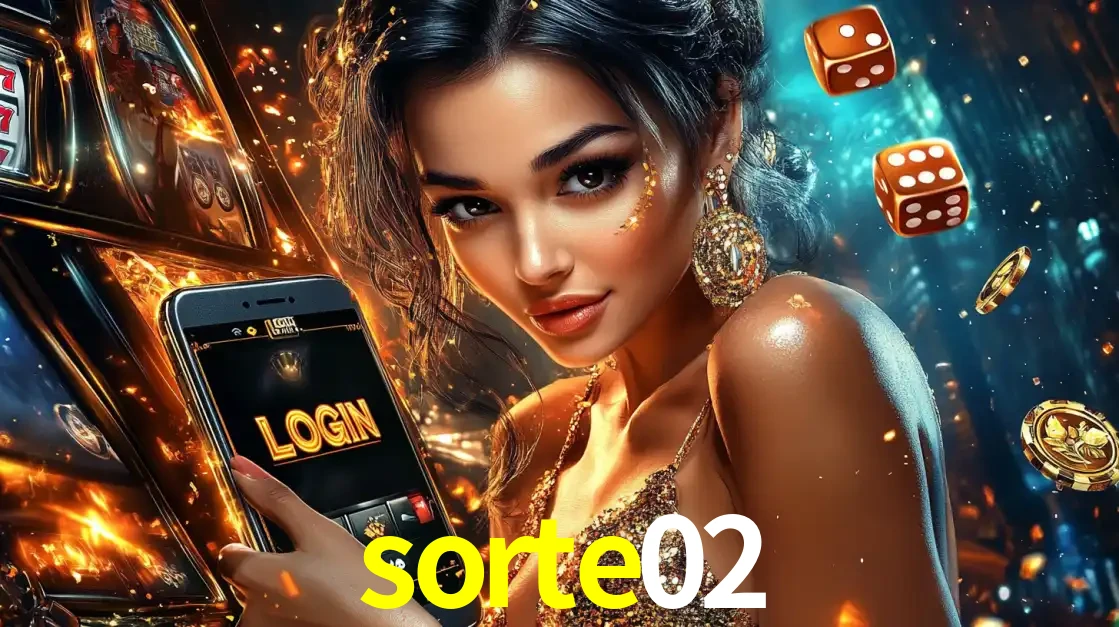 Mulher glamourosa segurando um celular com a tela de login do cassino sorte02, rodeada por dados e moedas douradas, pronta para começar a diversão.