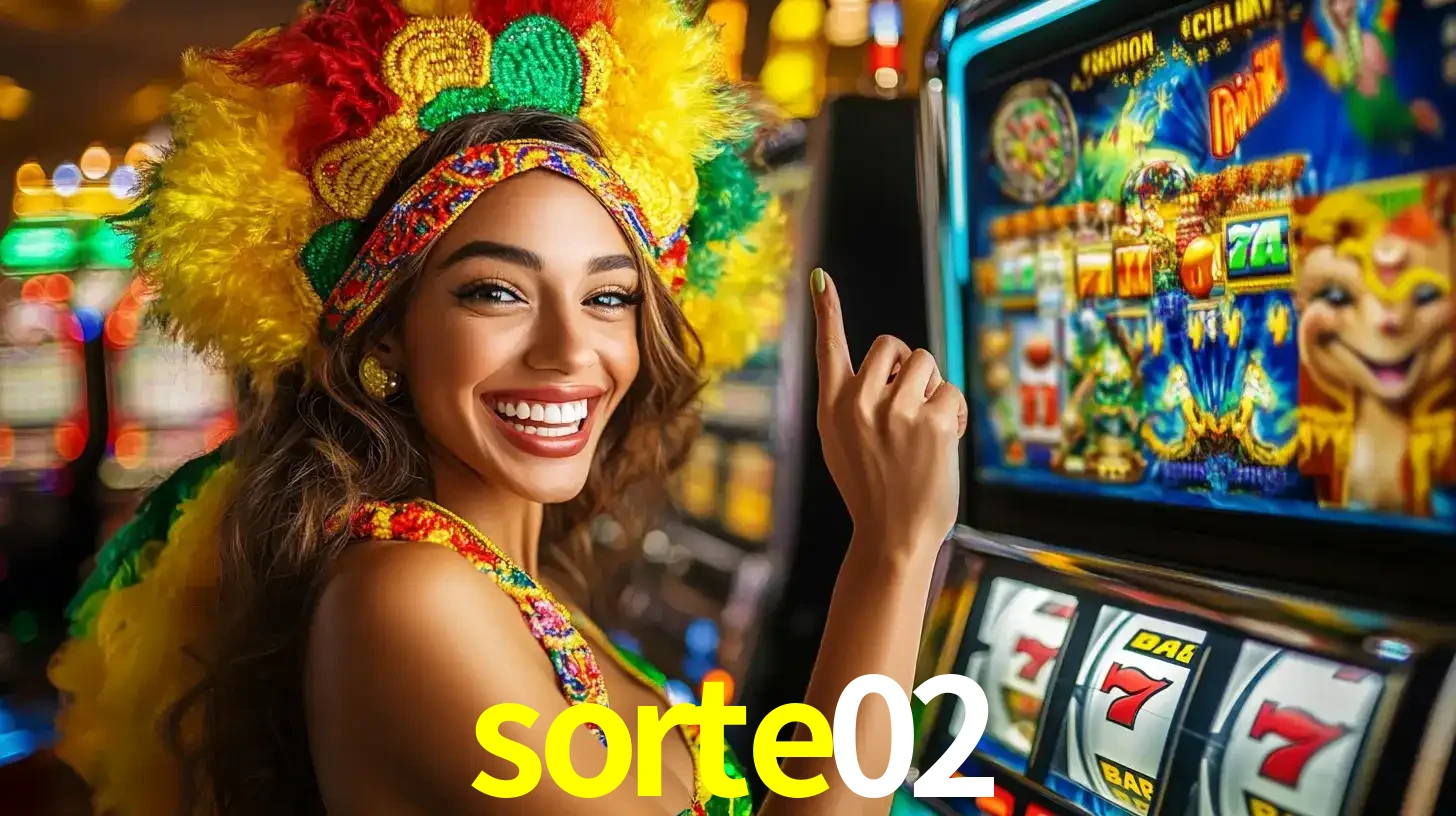 Mulher animada com um cocar de carnaval apontando para uma máquina de caça-níqueis, mostrando a emoção de ganhar um grande prêmio nos jogos do sorte02.