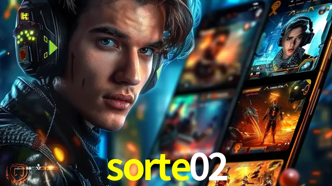 Jovem jogador com fones de ouvido olhando para a câmera, com um aplicativo de jogos e e-sports para celular ao fundo, pronto para a competição e apostas no sorte02.