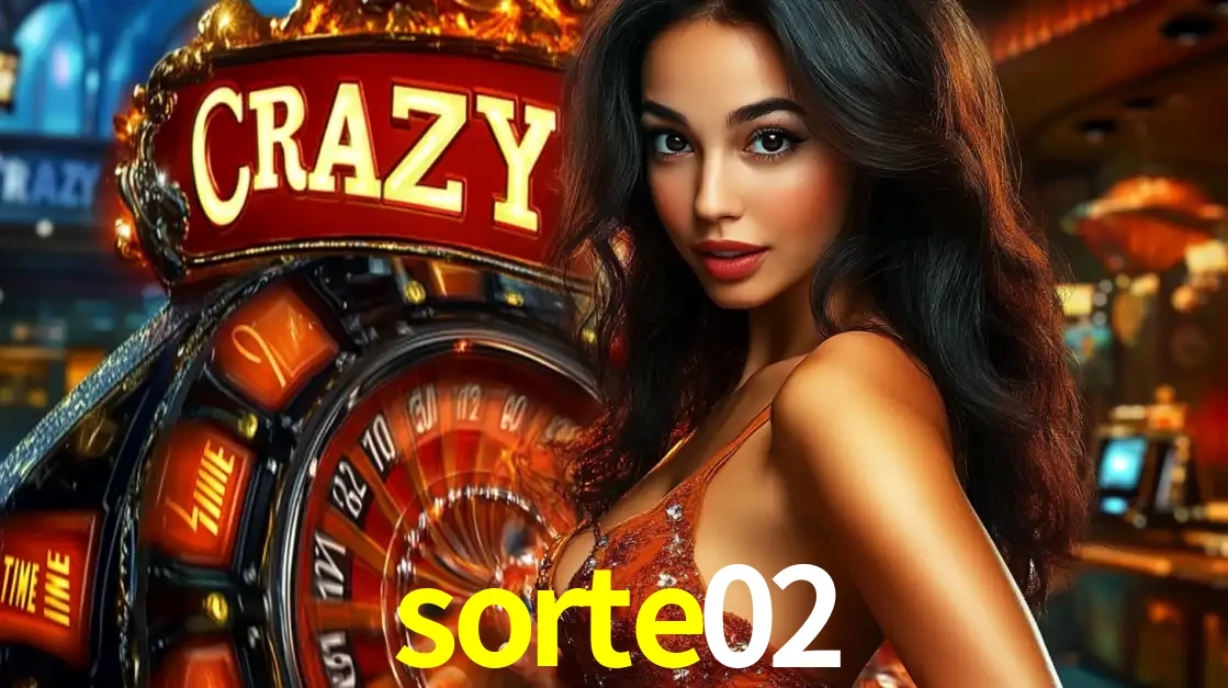 Mulher glamourosa olhando para a câmera com a roda vermelha do Crazy Time ao fundo em um ambiente de cassino, destacando a emoção dos jogos ao vivo no sorte02.