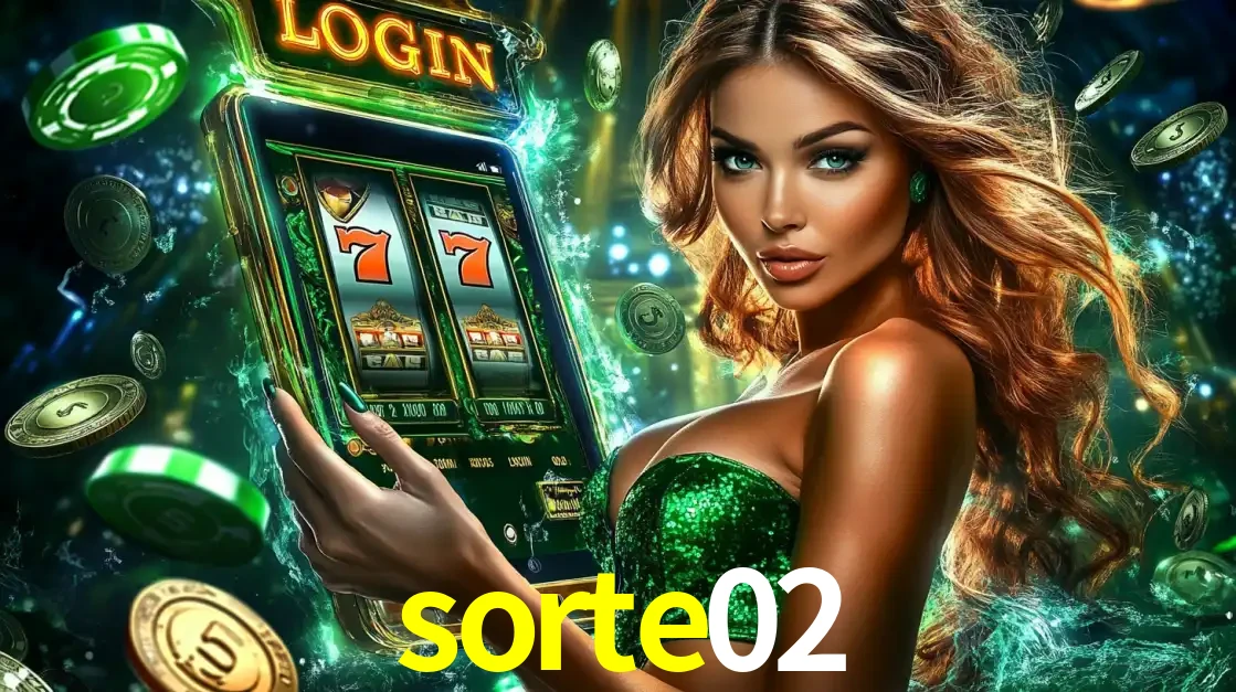 Mulher com tema verde apresentando o aplicativo do cassino sorte02 com um jogo de slot de 777, cercada por fichas de cassino e uma aura de sorte.
