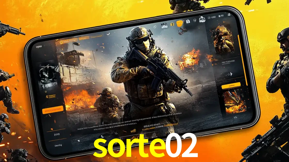 Um smartphone exibindo a interface de um jogo de tiro em primeira pessoa, com um soldado em um cenário de batalha, representando a ação dos e-sports para apostar no sorte02.