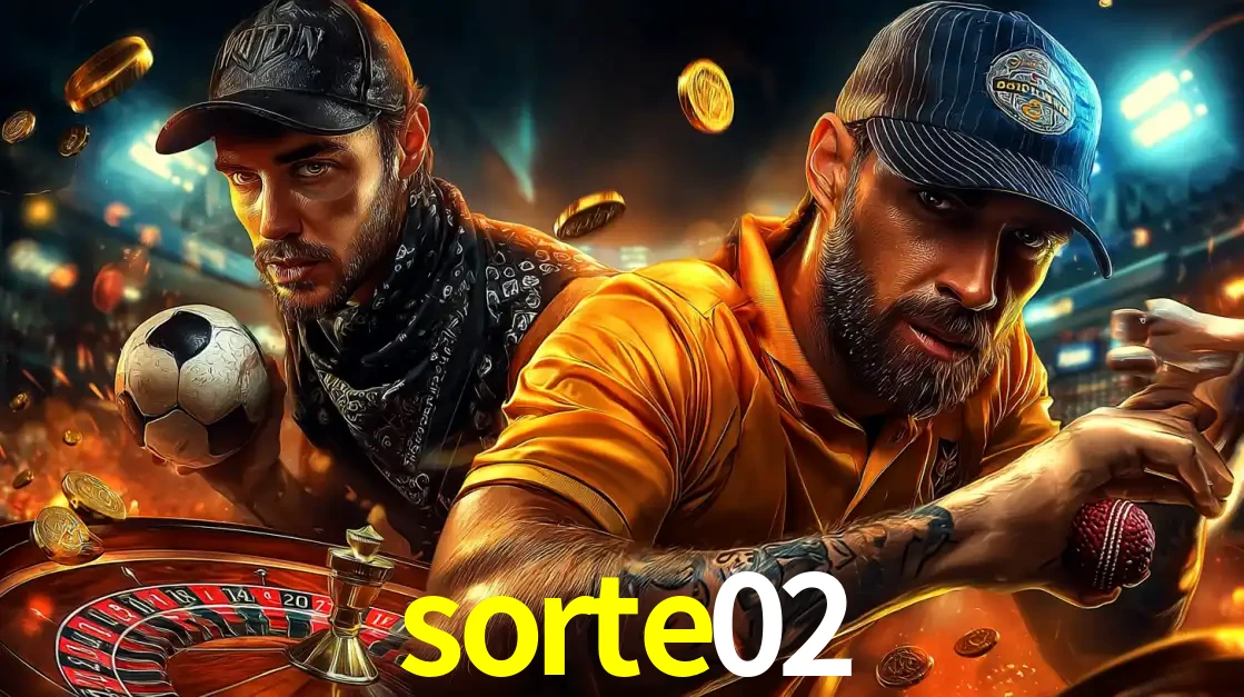 Montagem de apostas esportivas e cassino no sorte02, com um homem segurando uma bola de futebol e outro uma de beisebol sobre uma roleta e moedas voadoras.