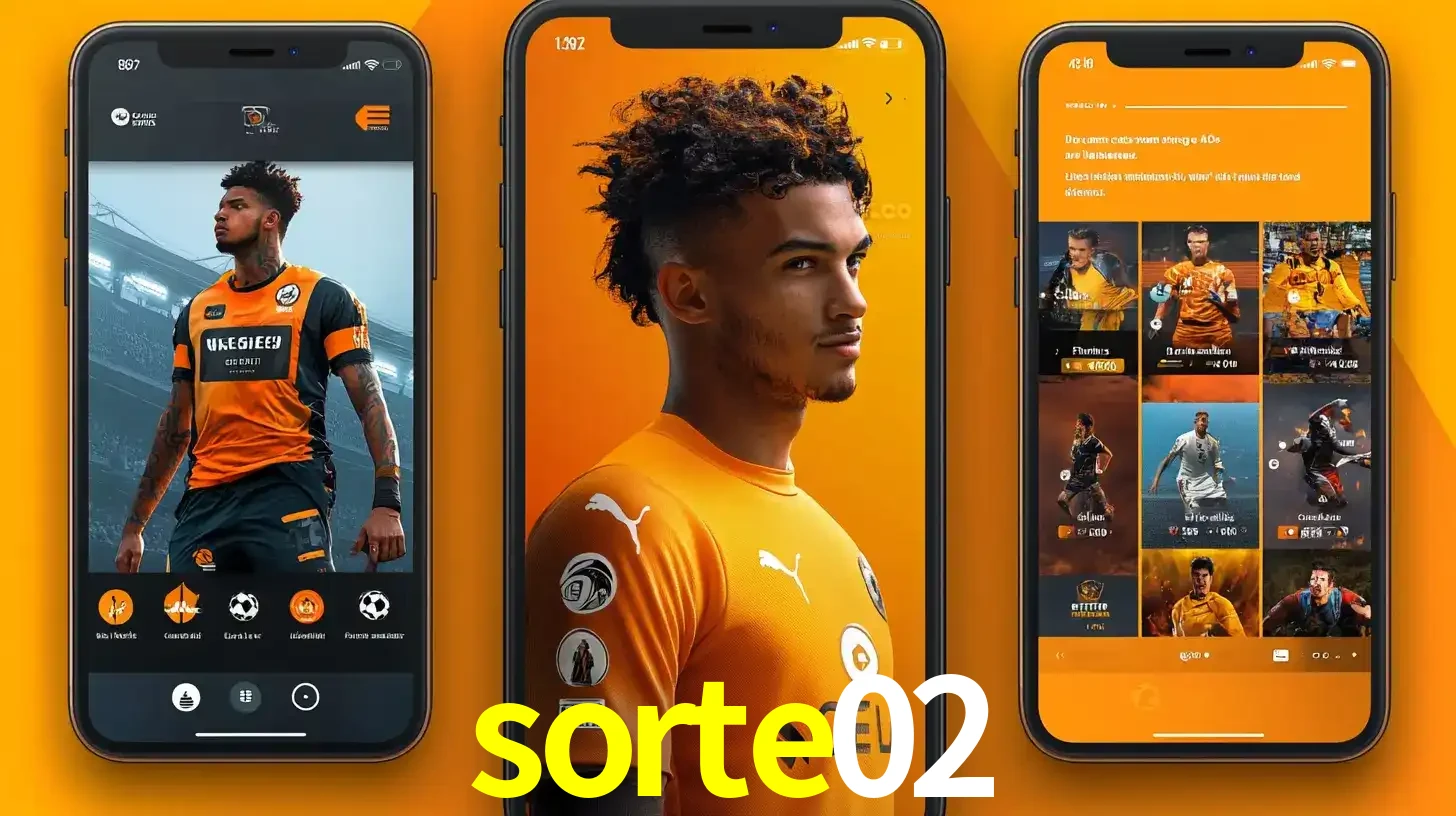 Interface do aplicativo de apostas esportivas sorte02 em três telas de celular, mostrando o perfil de um jogador de futebol e a lista de jogos disponíveis para apostar.