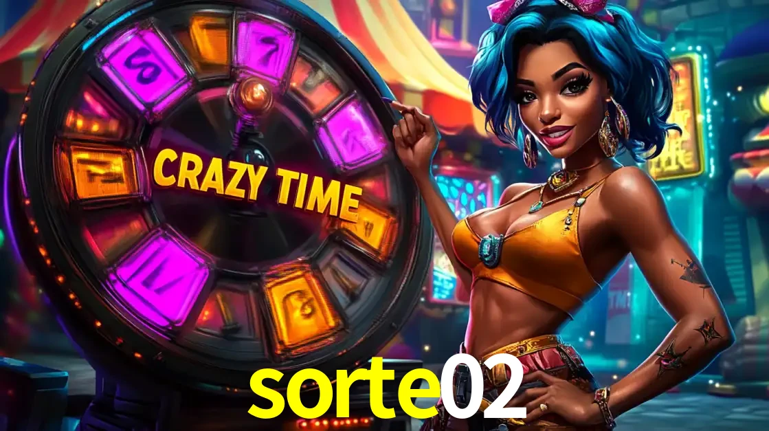 Mulher estilizada com cabelo azul e visual vibrante posando ao lado da roda de prêmios do game show Crazy Time, convidando para a diversão e os bônus do cassino sorte02.