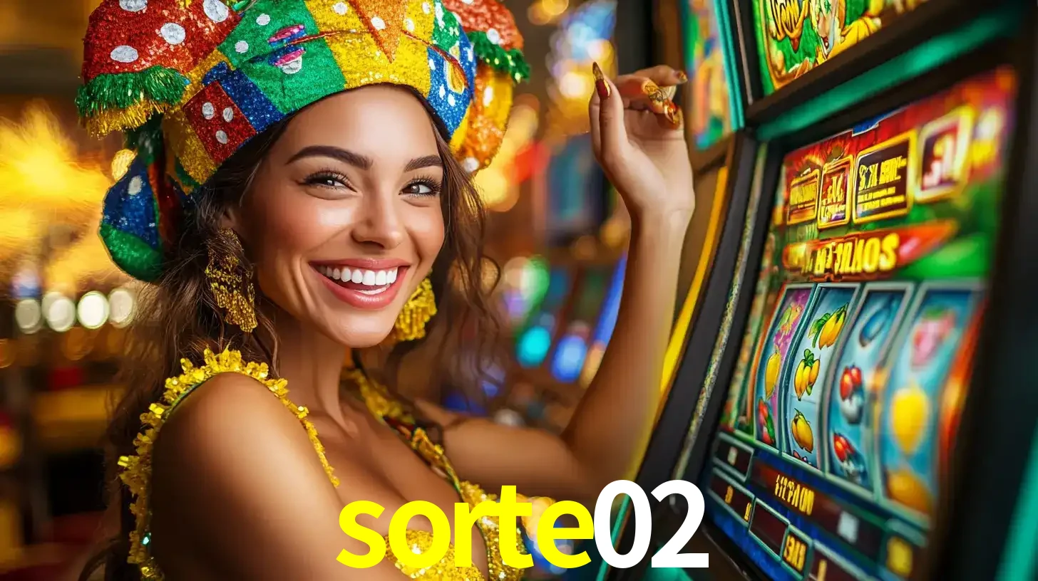 Mulher feliz com traje de carnaval amarelo e colorido ao lado de uma máquina de caça-níqueis, aproveitando a diversão e os jogos temáticos do cassino sorte02.