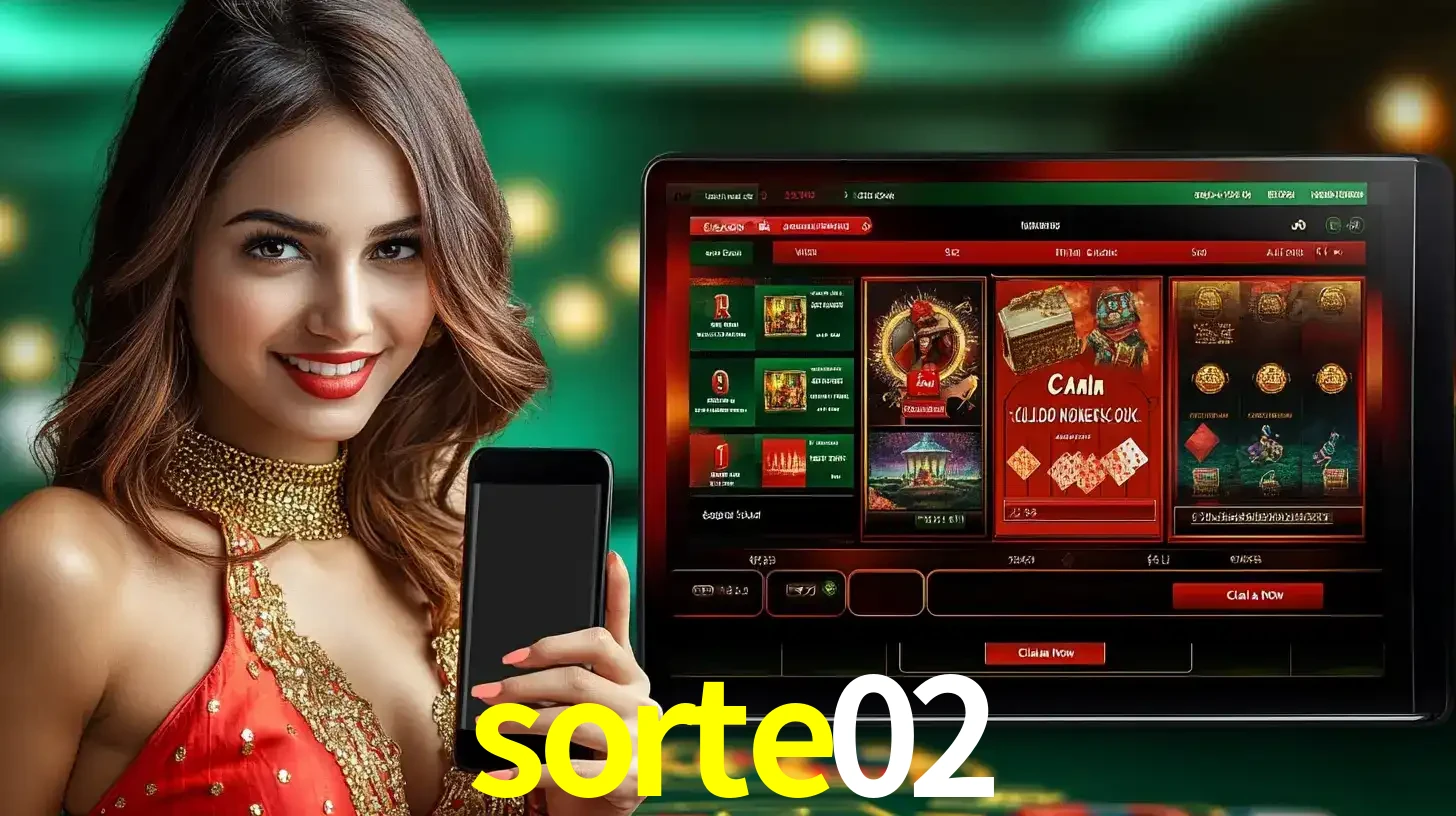 Mulher sorridente segurando um smartphone, ao lado de uma tela exibindo o lobby de jogos do cassino online sorte02, com várias opções de jogos de cartas e slots.